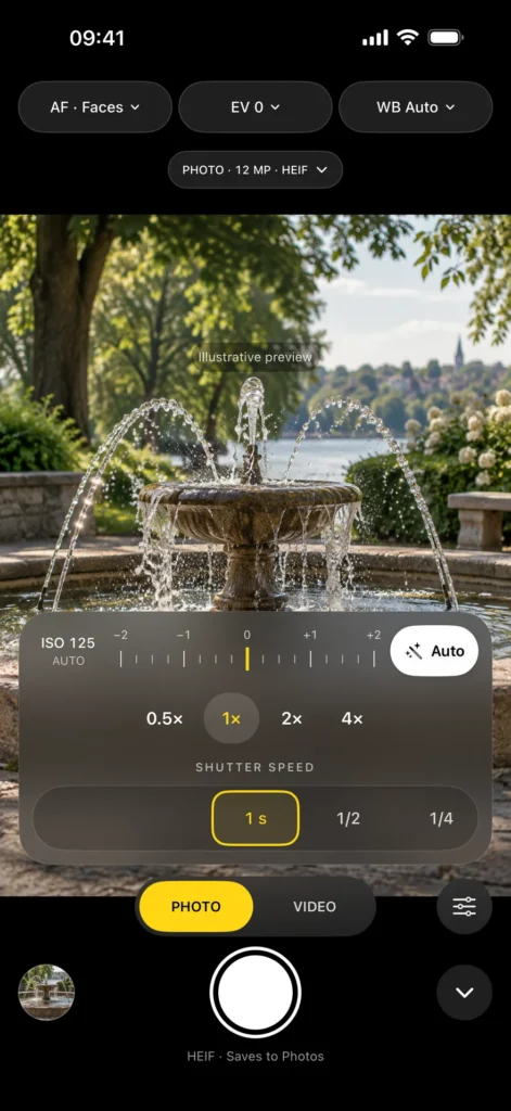 S-Mode Camera photo mode with a supported 1 s exposure selected; the scene is illustrative.