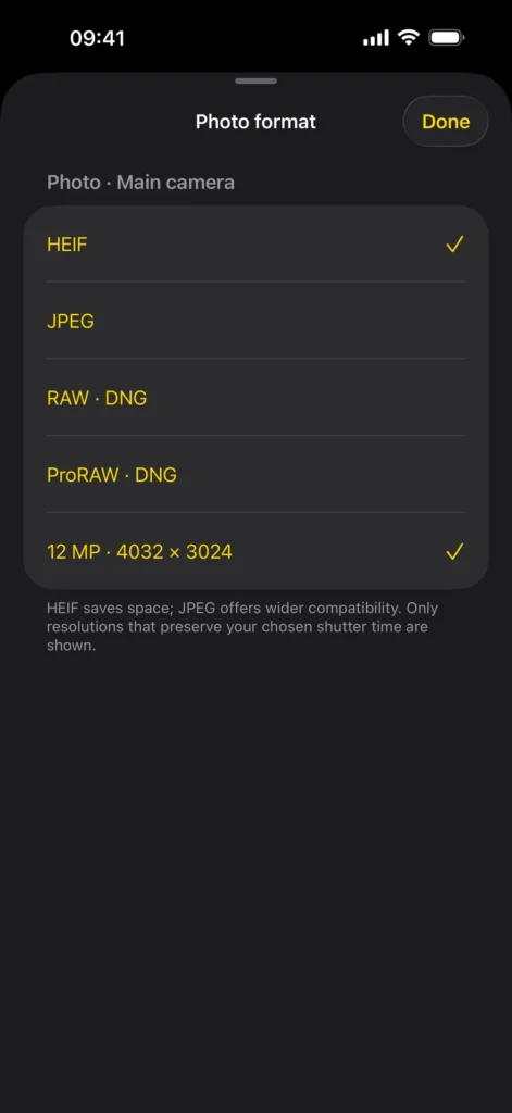 S-Mode Camera photo format choices: HEIF, JPEG, RAW and Apple ProRAW on a compatible camera.