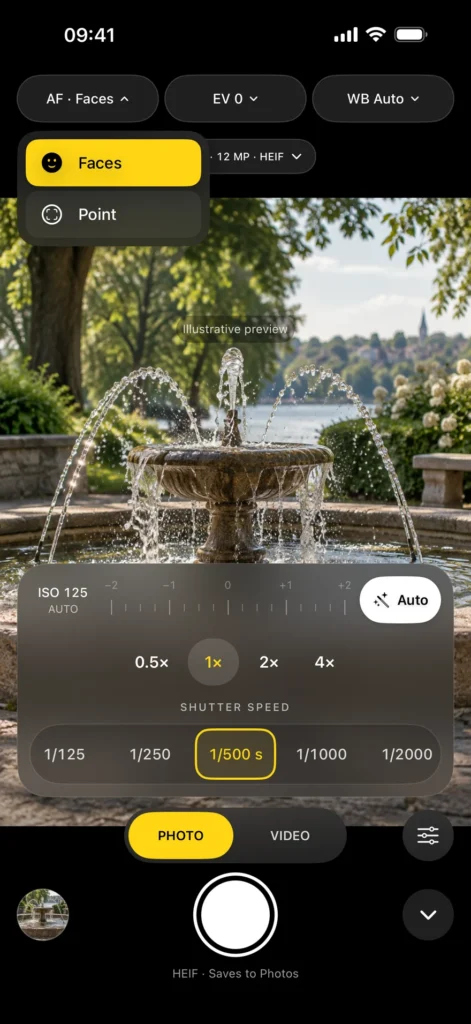 S-Mode Camera autofocus menu with face priority and point focus.