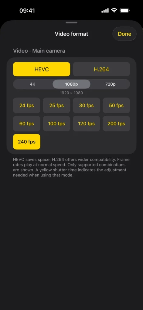 S-Mode Camera video settings showing HEVC and 1080p at 240 fps on a compatible camera.